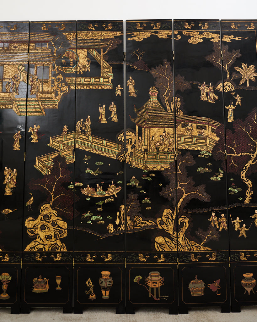 Grand Chinese Export Eight Panel Lacquered Coromandel Screen