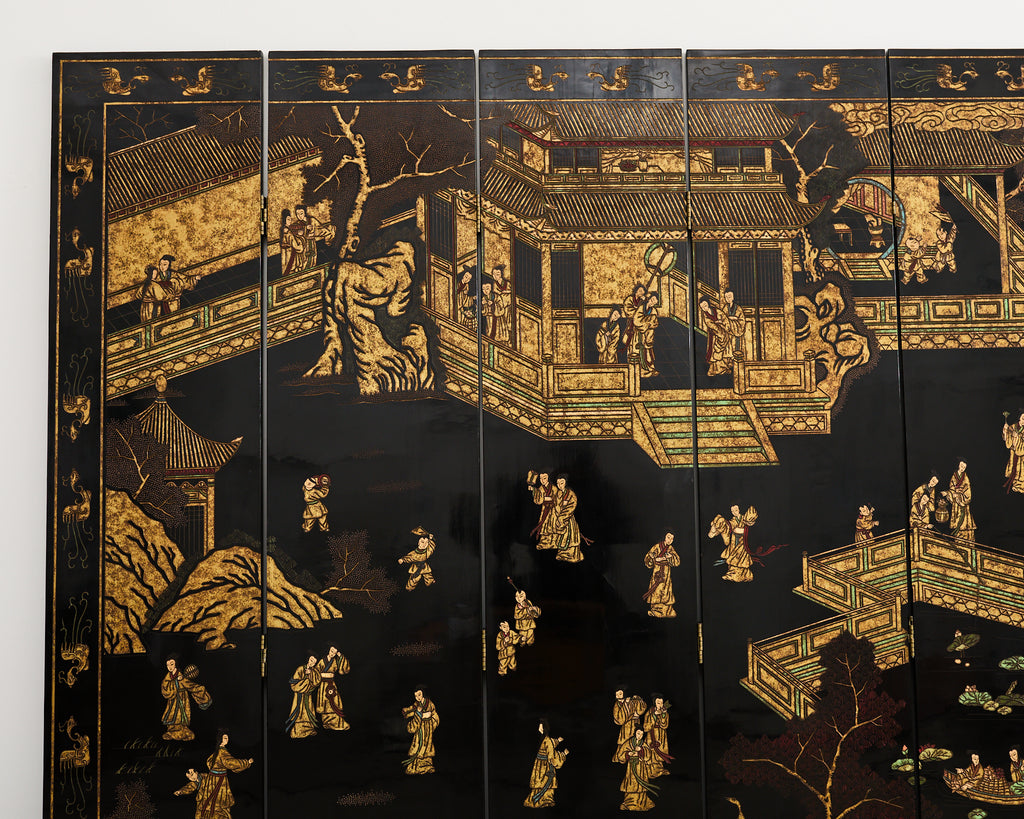 Grand Chinese Export Eight Panel Lacquered Coromandel Screen