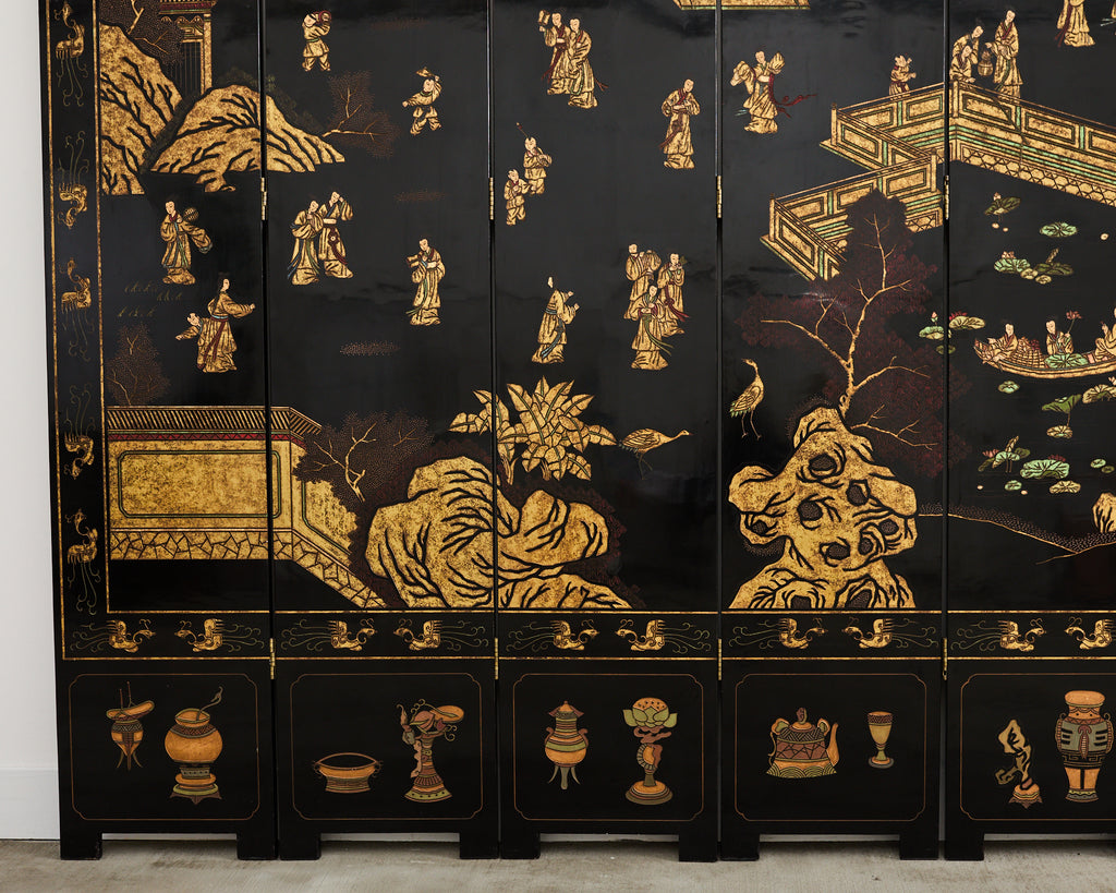 Grand Chinese Export Eight Panel Lacquered Coromandel Screen