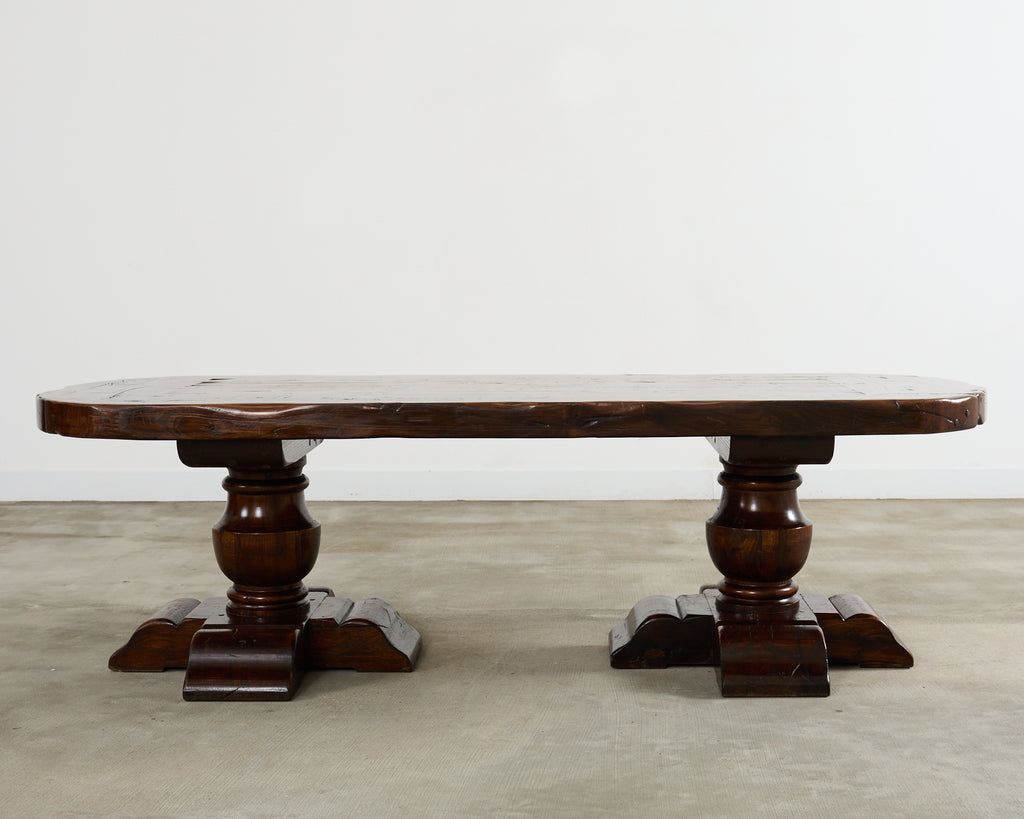 Country French Provincial Oak Farmhouse Double Pedestal Dining Table