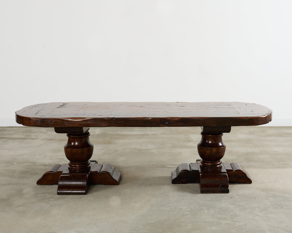 Country French Provincial Oak Farmhouse Double Pedestal Dining Table