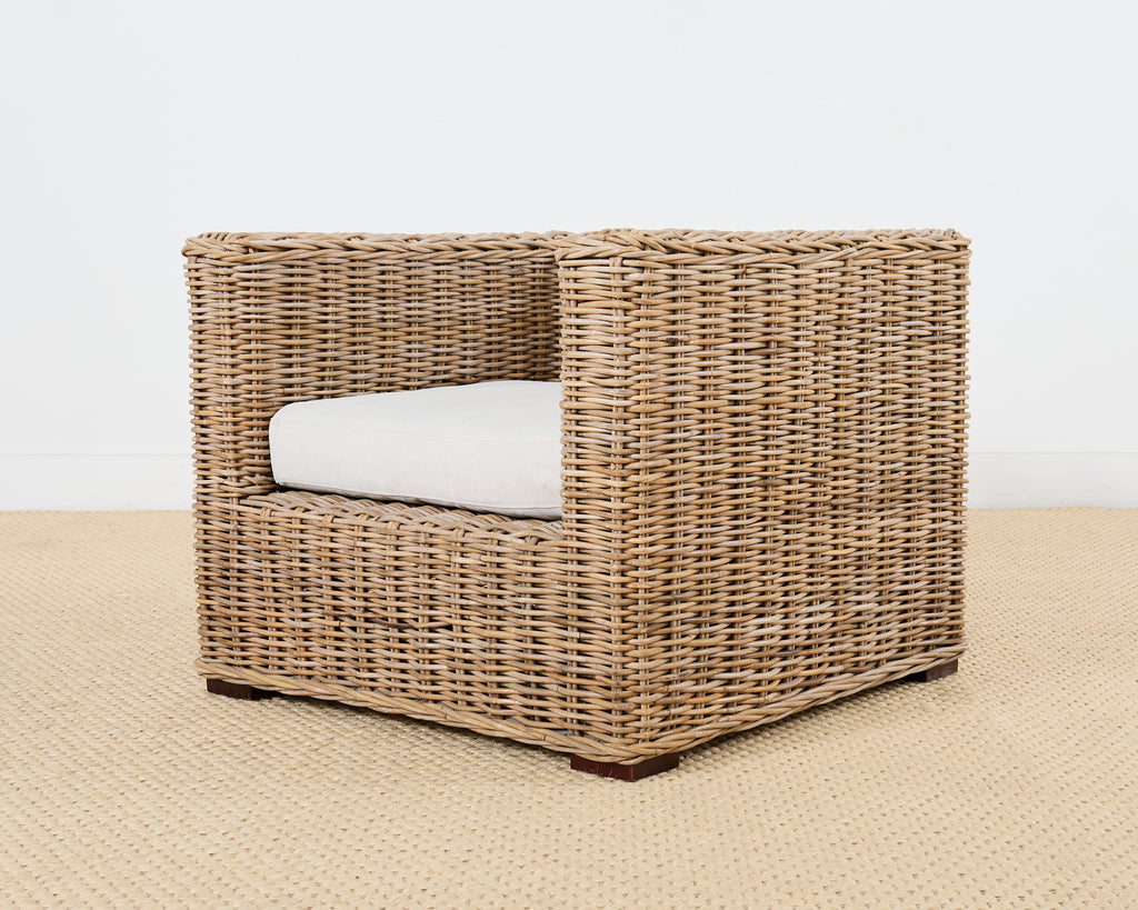 Pair of Michael Taylor Style Organic Modern Rattan Cube Chairs