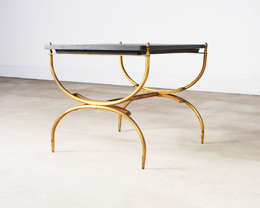 Italian Neoclassical Style Curule Brass Slate Cocktail Table
