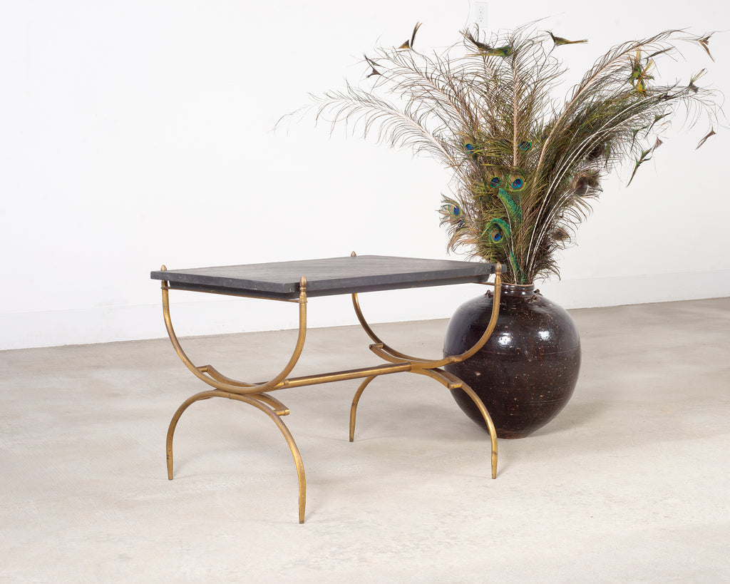 Italian Neoclassical Style Curule Brass Slate Cocktail Table