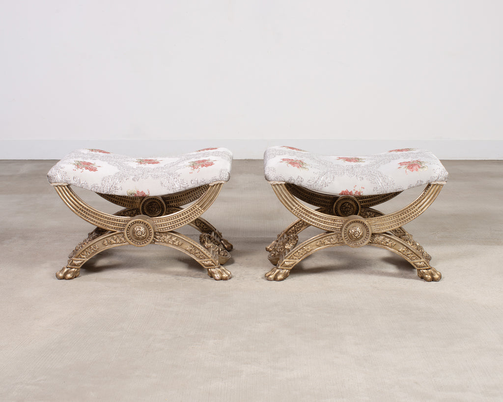 Pair of Italian Neoclassical Style Silvered Curule Bench Seats