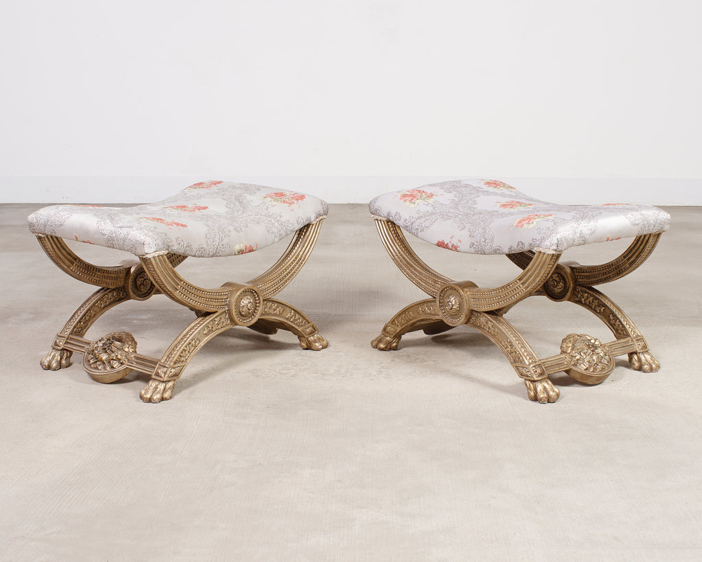 Pair of Italian Neoclassical Style Silvered Curule Bench Seats