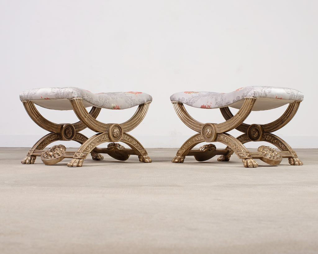 Pair of Italian Neoclassical Style Silvered Curule Bench Seats