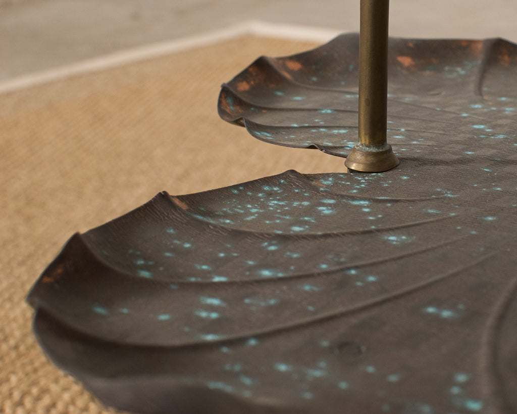 Patinated Bronze Brass Lotus Leaf Tiered Dessert Stand