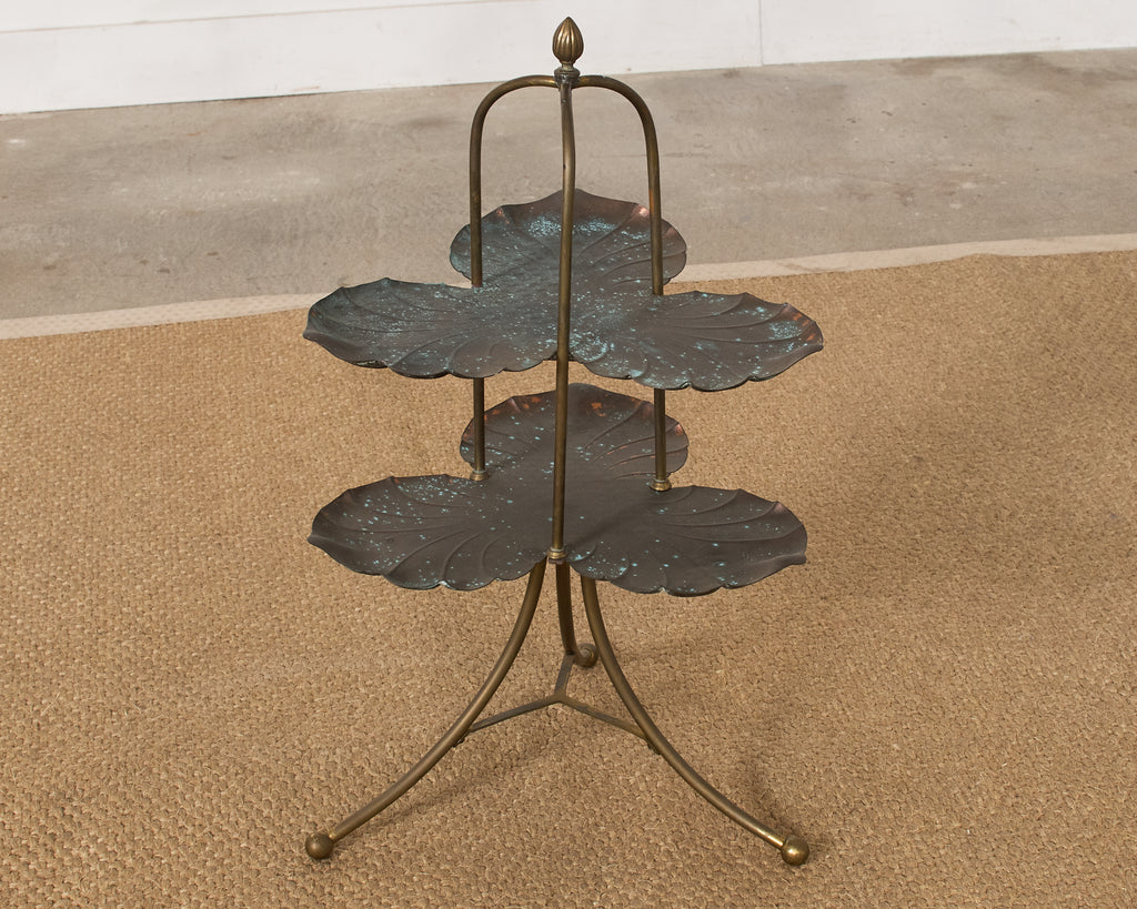Patinated Bronze Brass Lotus Leaf Tiered Dessert Stand