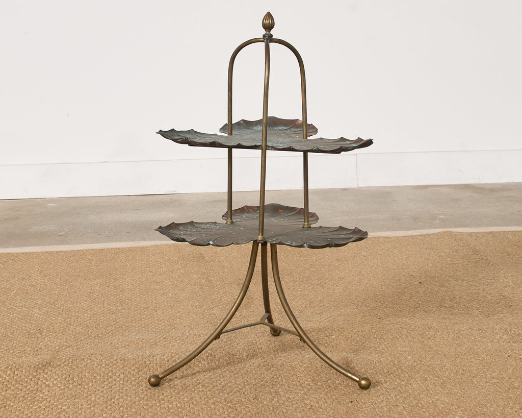 Patinated Bronze Brass Lotus Leaf Tiered Dessert Stand