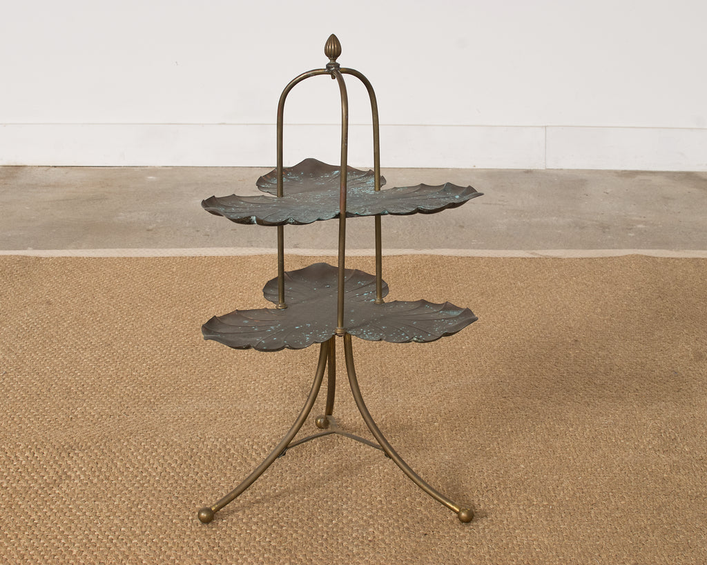 Patinated Bronze Brass Lotus Leaf Tiered Dessert Stand