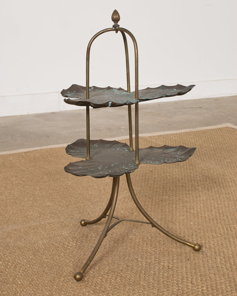 Patinated Bronze Brass Lotus Leaf Tiered Dessert Stand