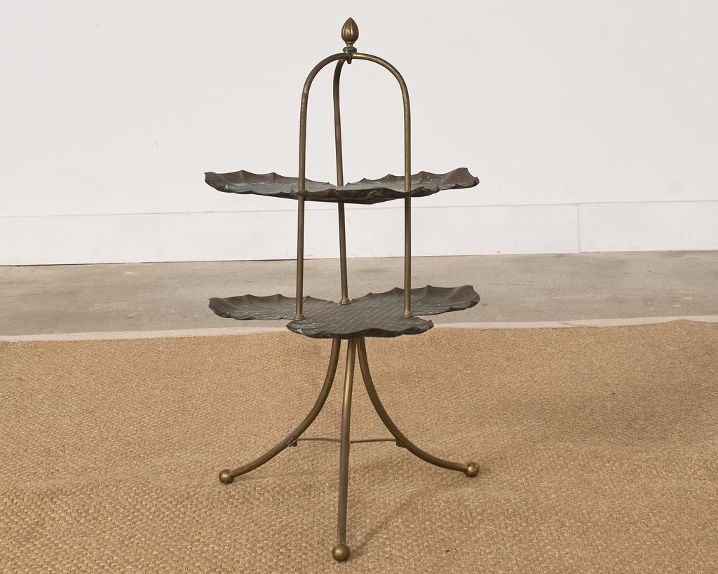 Patinated Bronze Brass Lotus Leaf Tiered Dessert Stand