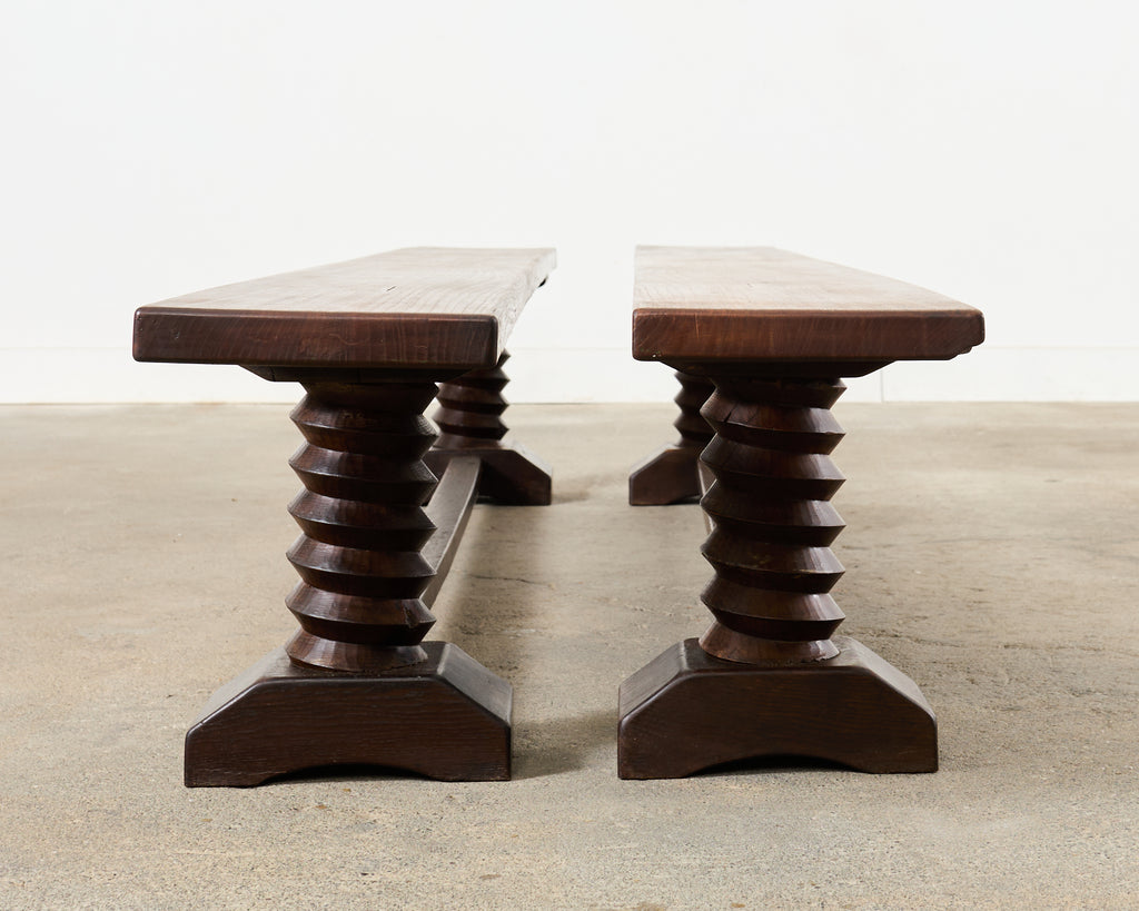 Pair of Charles Dudouyt Attributed French Oak Corkscrew Benches