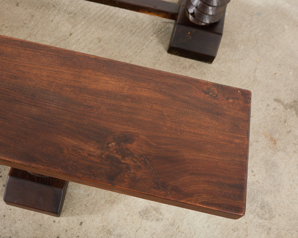 Pair of Charles Dudouyt Attributed French Oak Corkscrew Benches