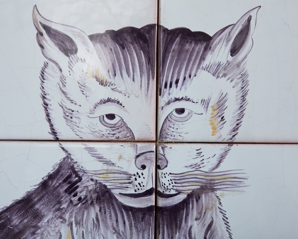 Pair of Dutch Delft Tile Panels of a Cat and Dog