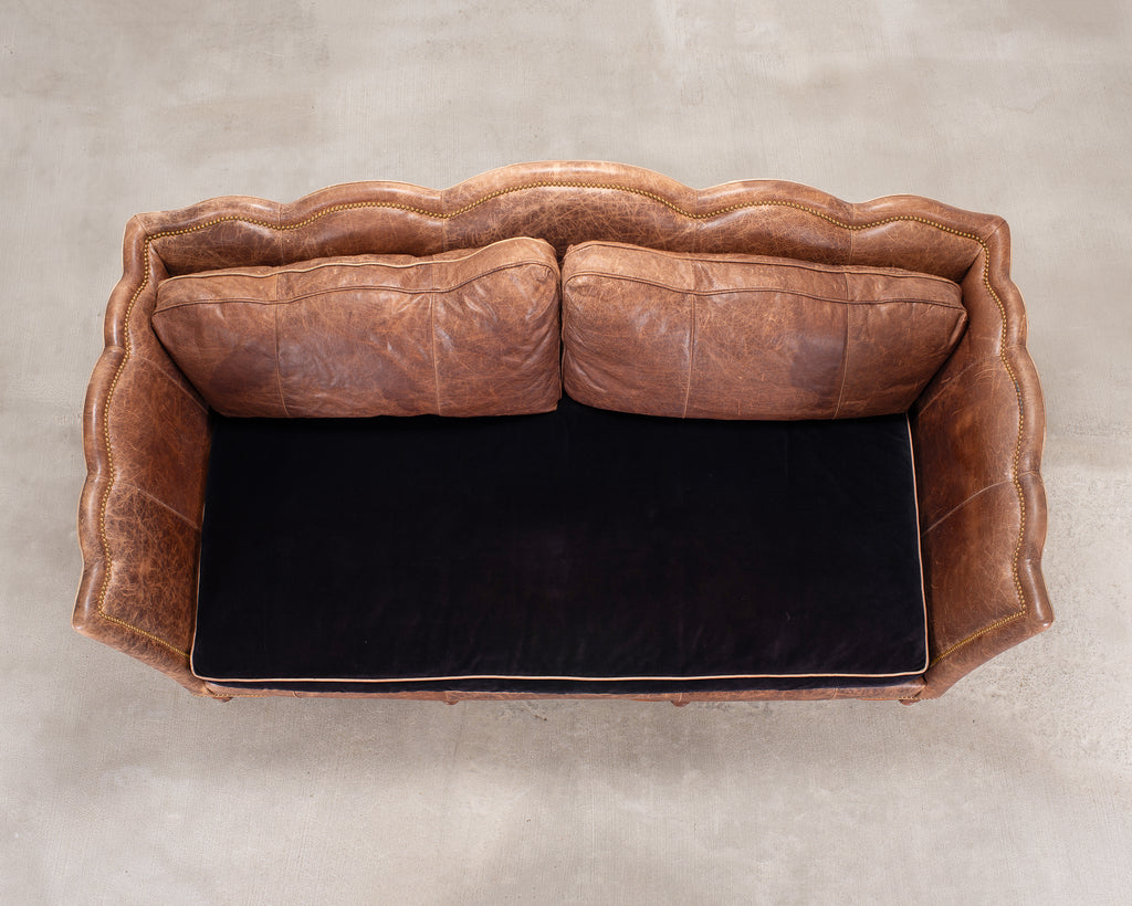 Country English Style Distressed Leather and Walnut Sofa