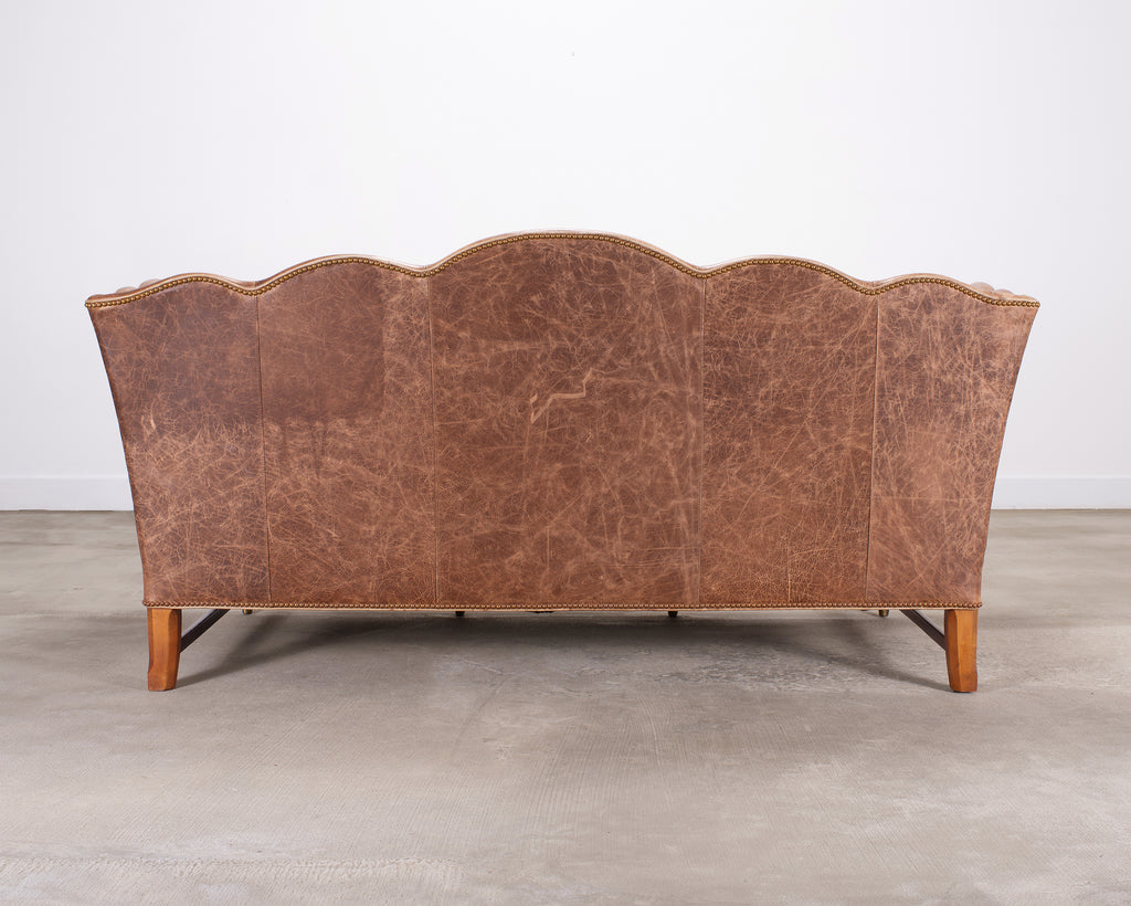 Country English Style Distressed Leather and Walnut Sofa