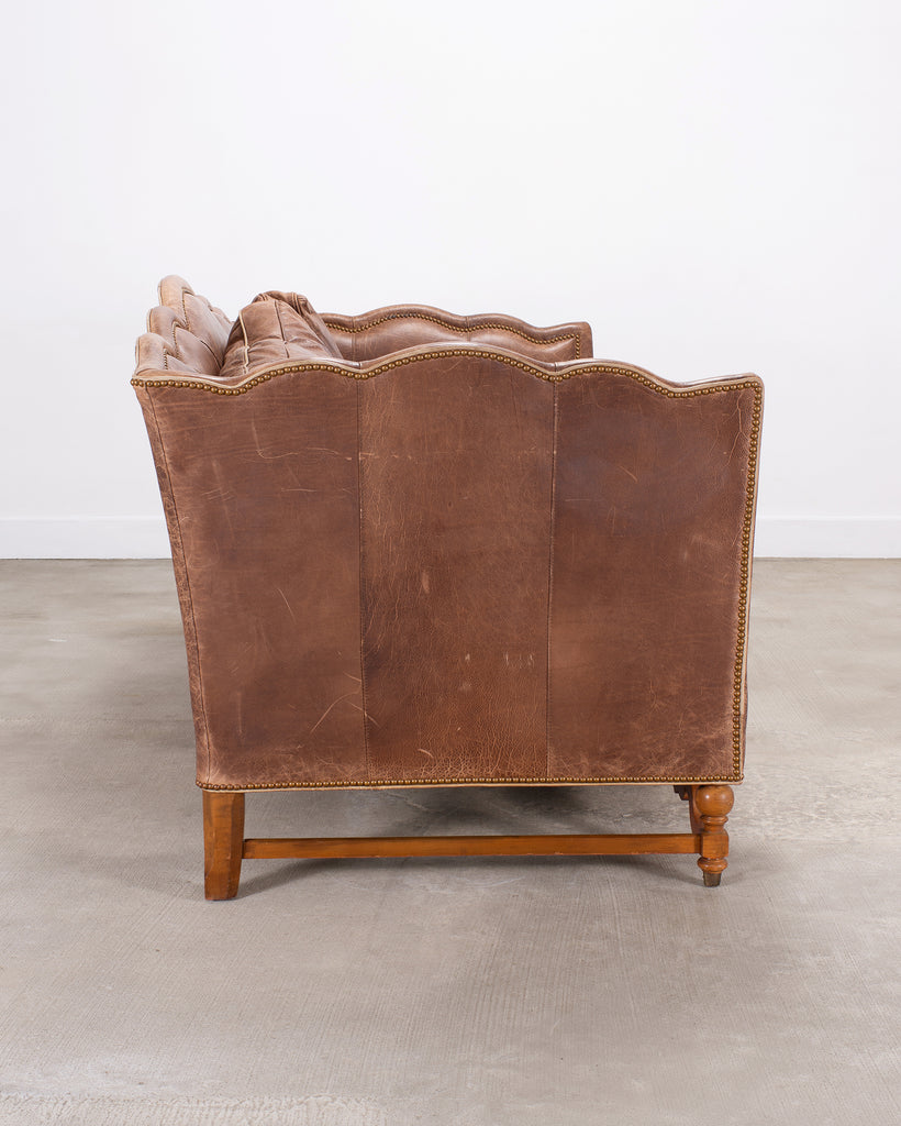 Country English Style Distressed Leather and Walnut Sofa