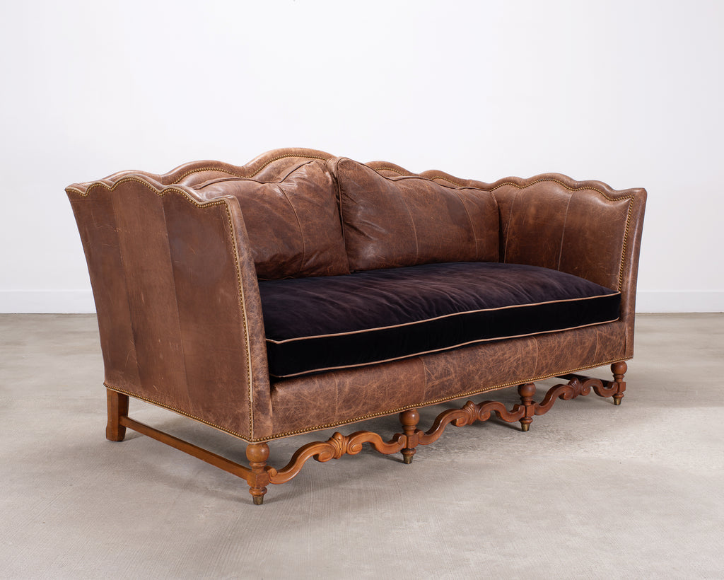 Country English Style Distressed Leather and Walnut Sofa