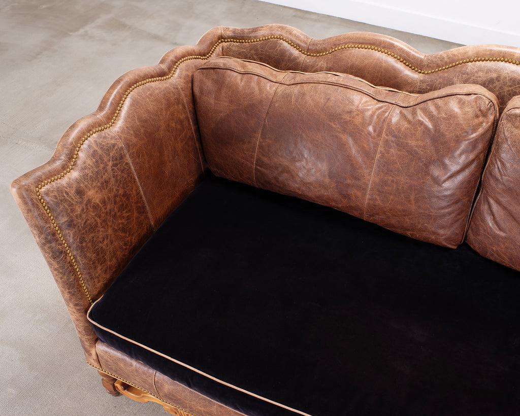Country English Style Distressed Leather and Walnut Sofa