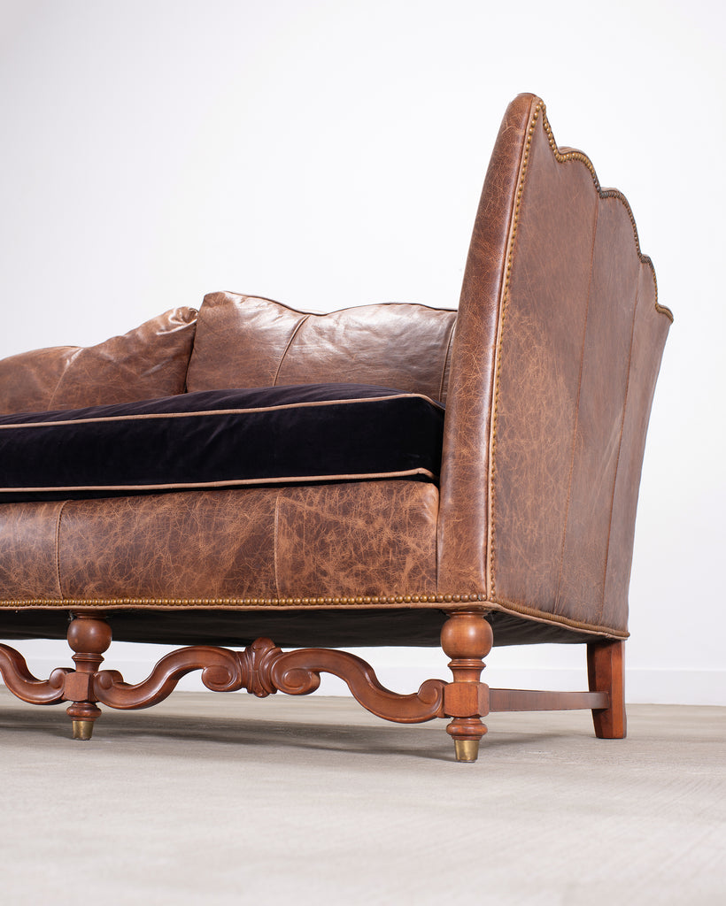 Country English Style Distressed Leather and Walnut Sofa