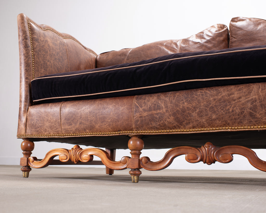 Country English Style Distressed Leather and Walnut Sofa