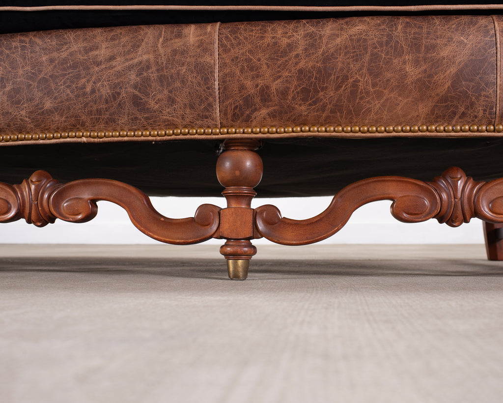 Country English Style Distressed Leather and Walnut Sofa