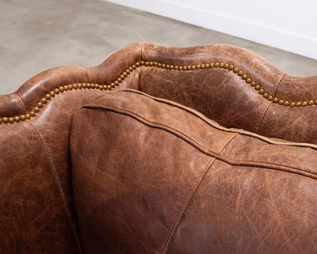 Country English Style Distressed Leather and Walnut Sofa