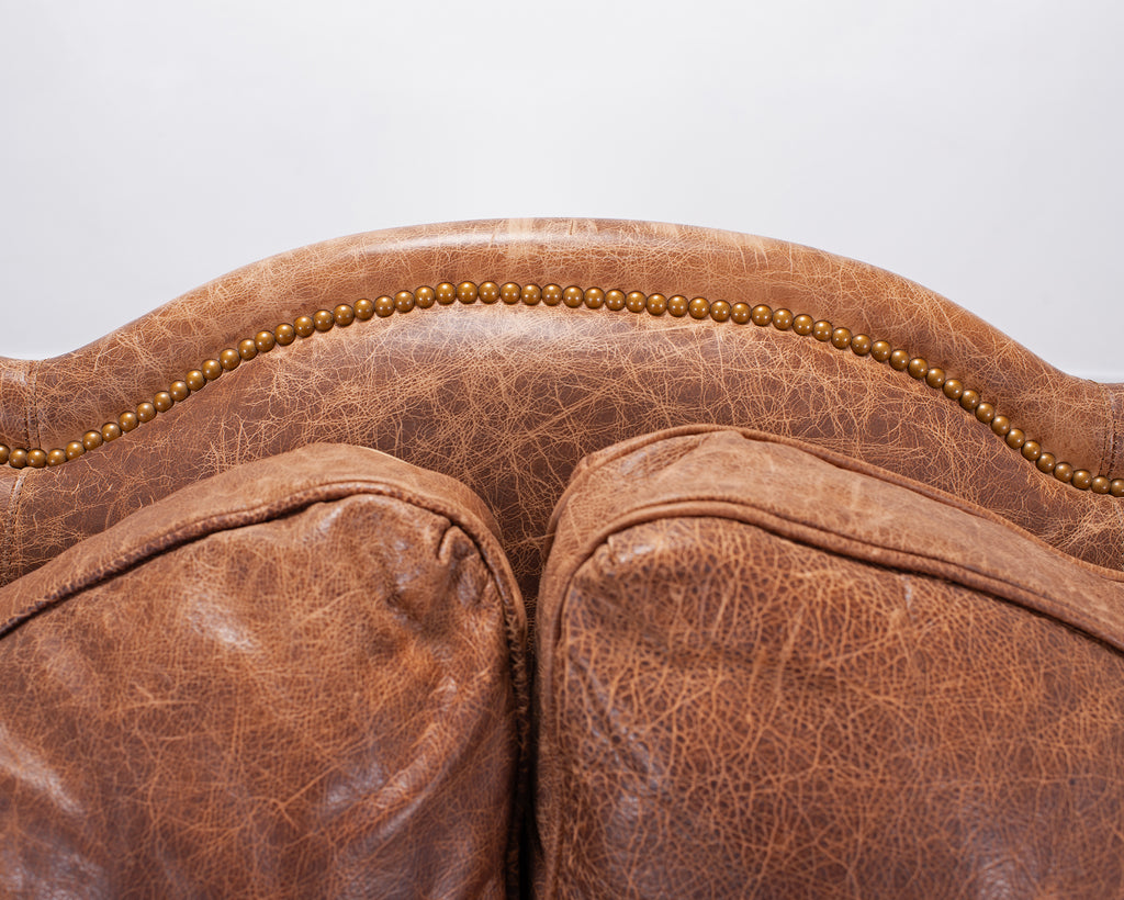 Country English Style Distressed Leather and Walnut Sofa