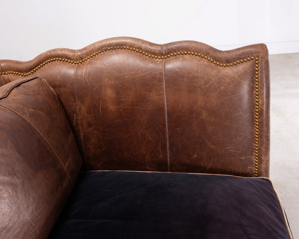 Country English Style Distressed Leather and Walnut Sofa
