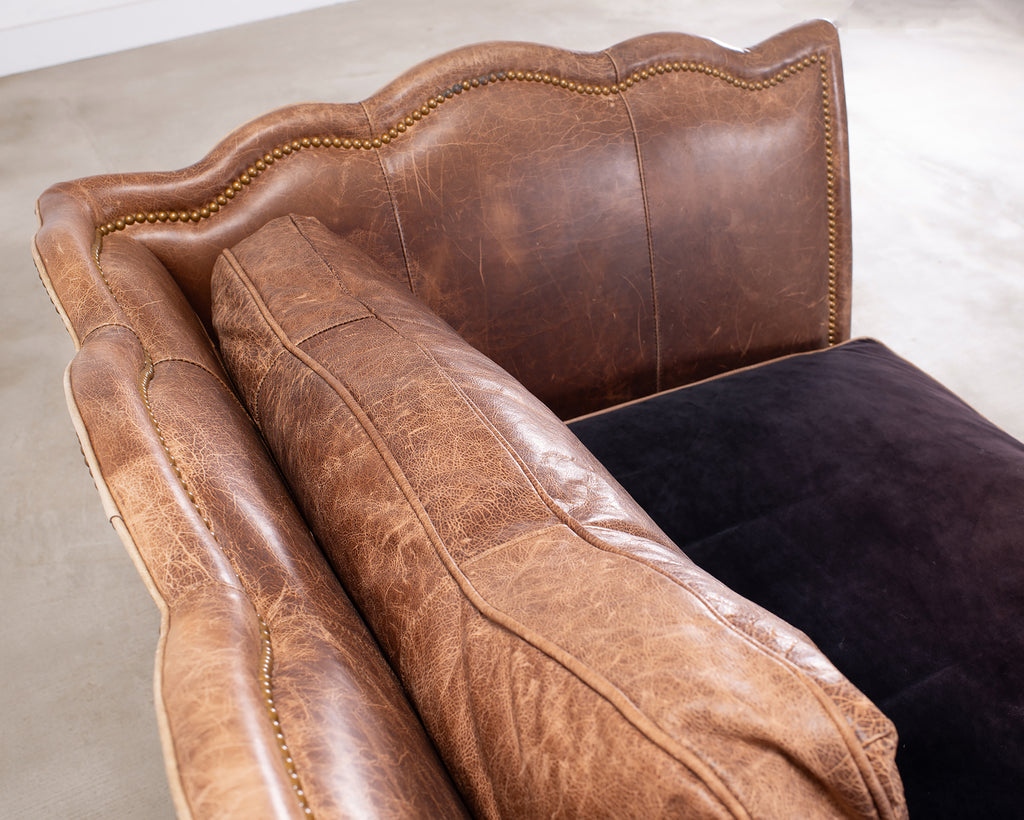 Country English Style Distressed Leather and Walnut Sofa