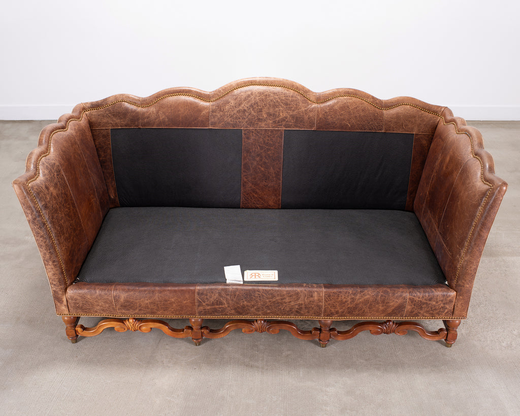 Country English Style Distressed Leather and Walnut Sofa