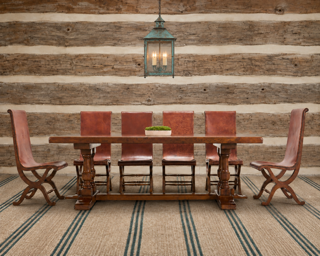 Country French Provincial Oak Double Trestle Dining Table 7 Ft
