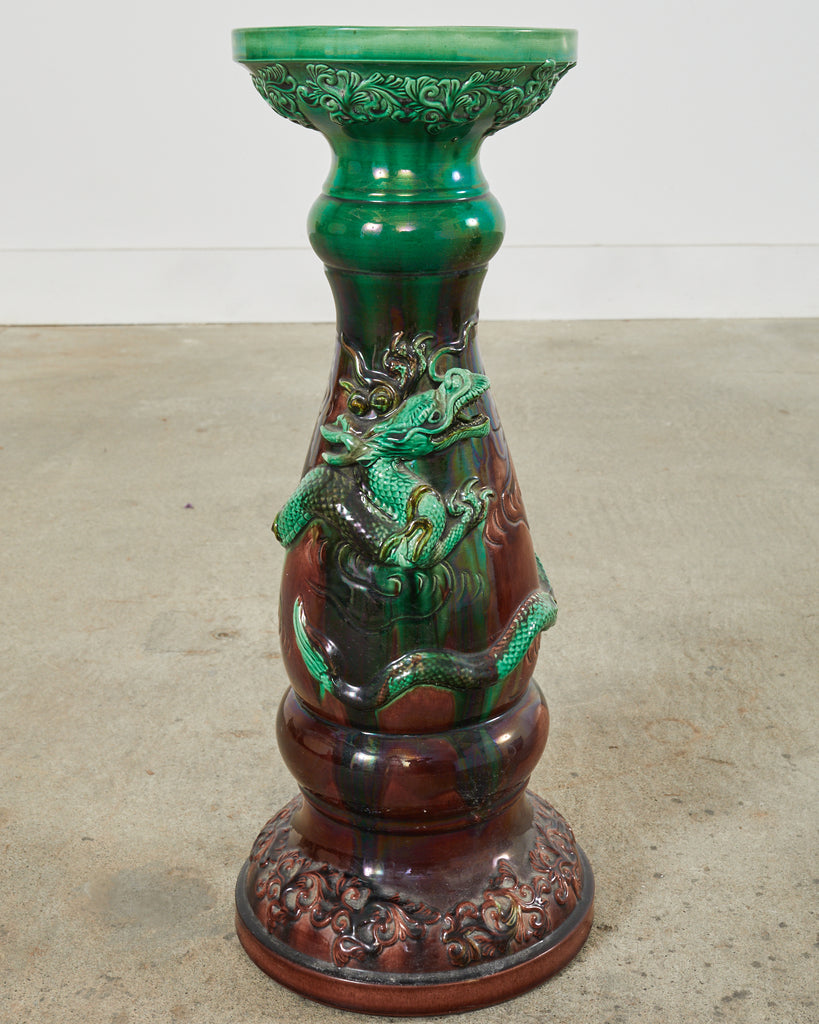 English Aesthetic Movement Pottery Japanese Dragon Jardinière on Stand