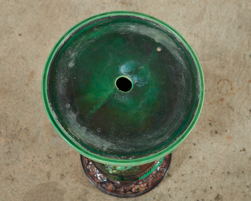 English Aesthetic Movement Pottery Japanese Dragon Jardinière on Stand