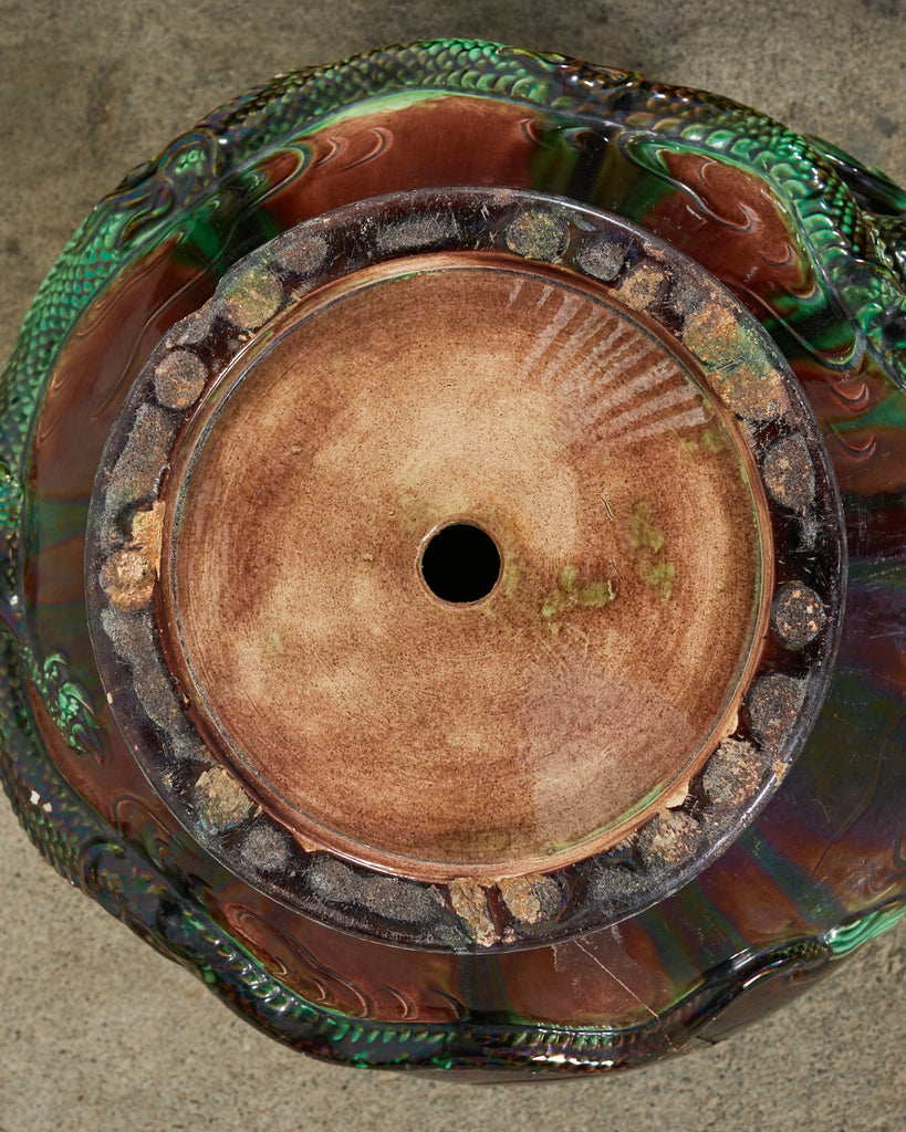 English Aesthetic Movement Pottery Japanese Dragon Jardinière on Stand