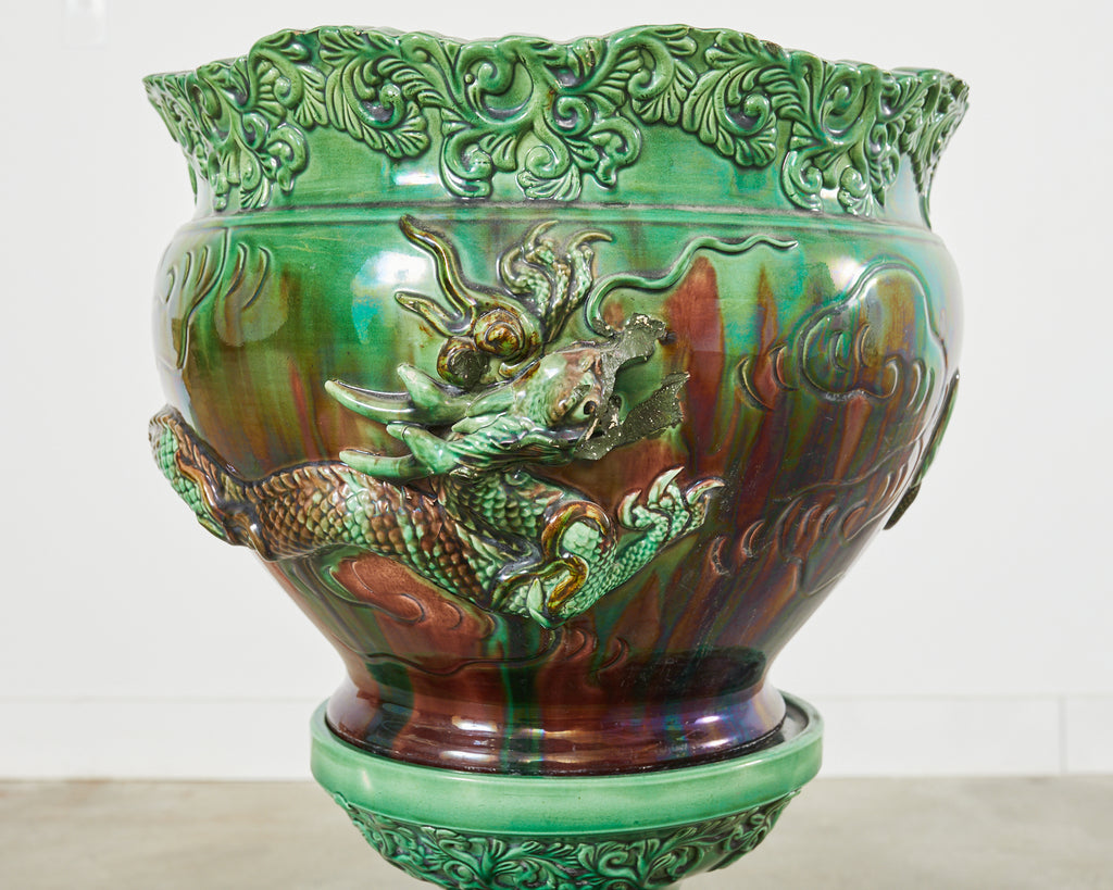 English Aesthetic Movement Pottery Japanese Dragon Jardinière on Stand