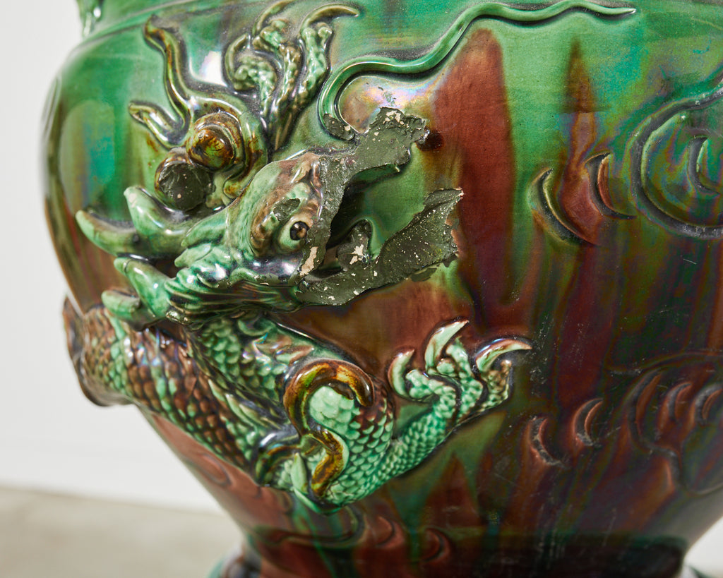 English Aesthetic Movement Pottery Japanese Dragon Jardinière on Stand