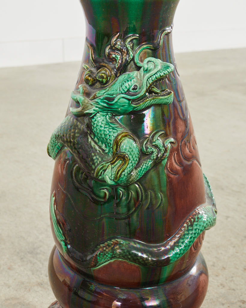 English Aesthetic Movement Pottery Japanese Dragon Jardinière on Stand