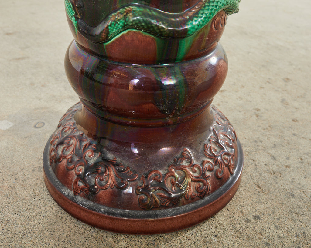 English Aesthetic Movement Pottery Japanese Dragon Jardinière on Stand