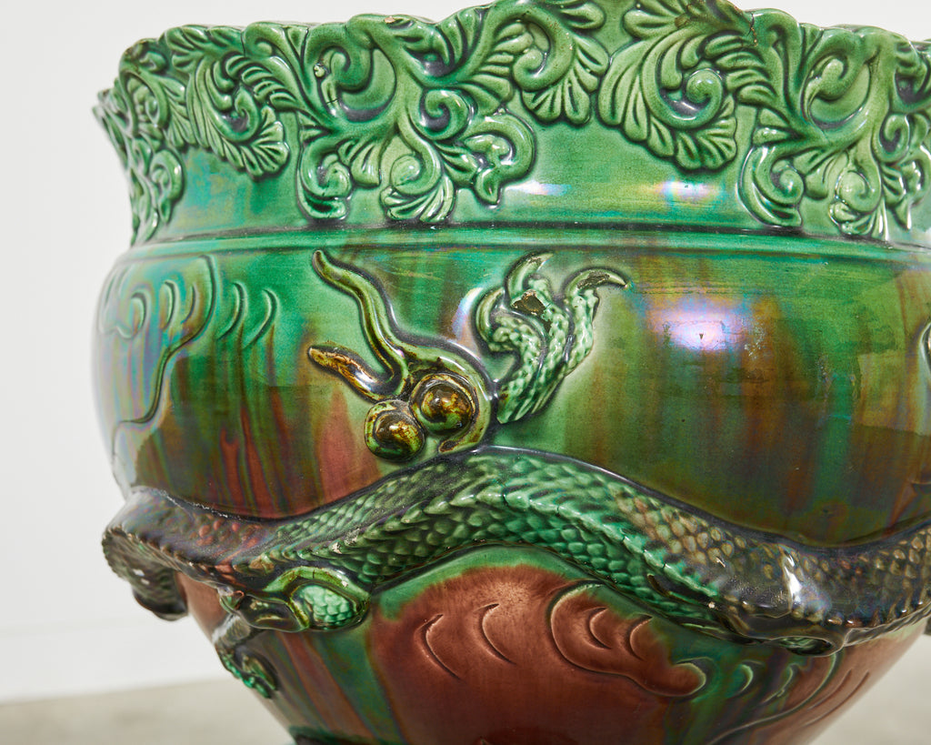 English Aesthetic Movement Pottery Japanese Dragon Jardinière on Stand