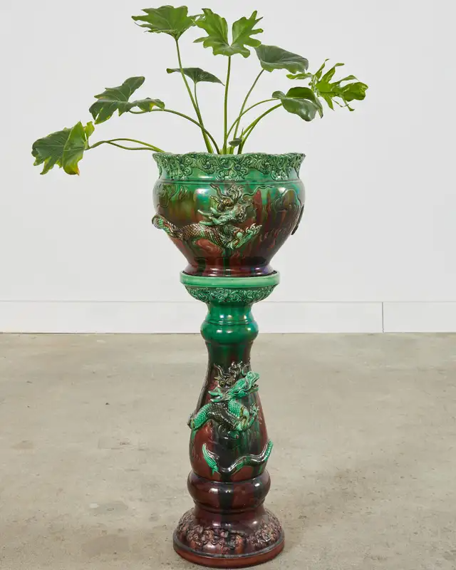 English Aesthetic Movement Pottery Japanese Dragon Jardinière on Stand
