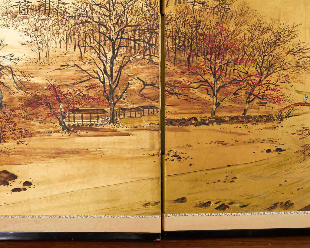 Japanese Showa Four Panel Screen Autumn Landscape on Gilt