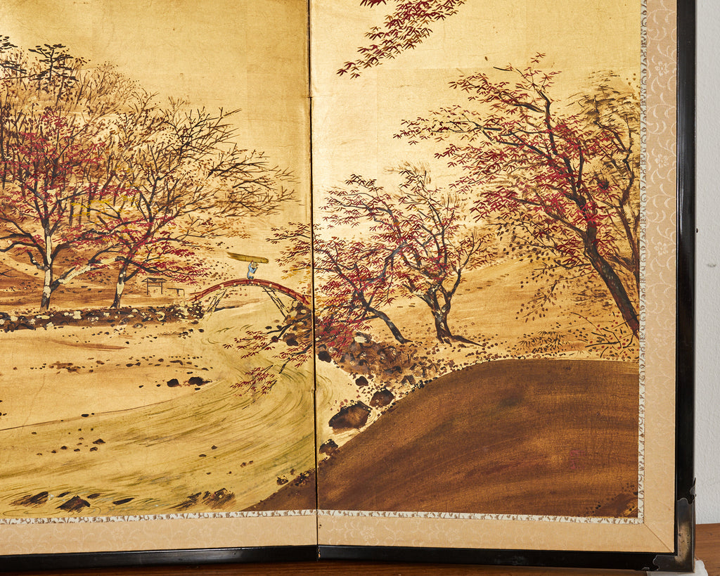 Japanese Showa Four Panel Screen Autumn Landscape on Gilt