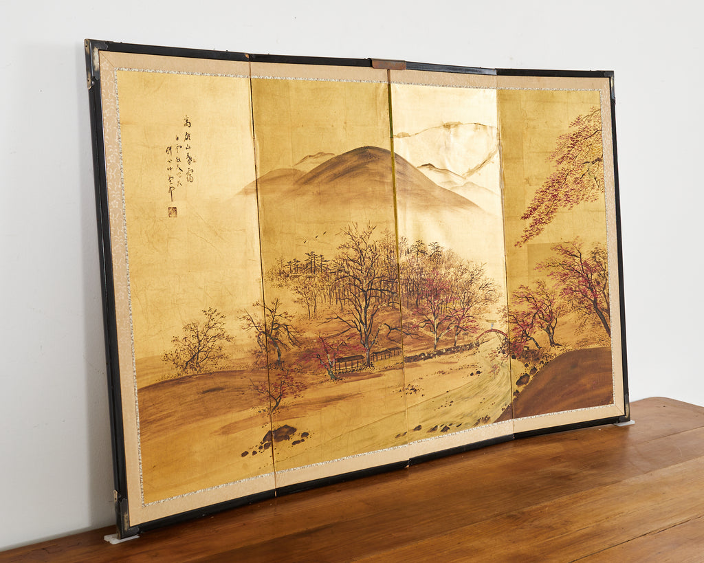 Japanese Showa Four Panel Screen Autumn Landscape on Gilt