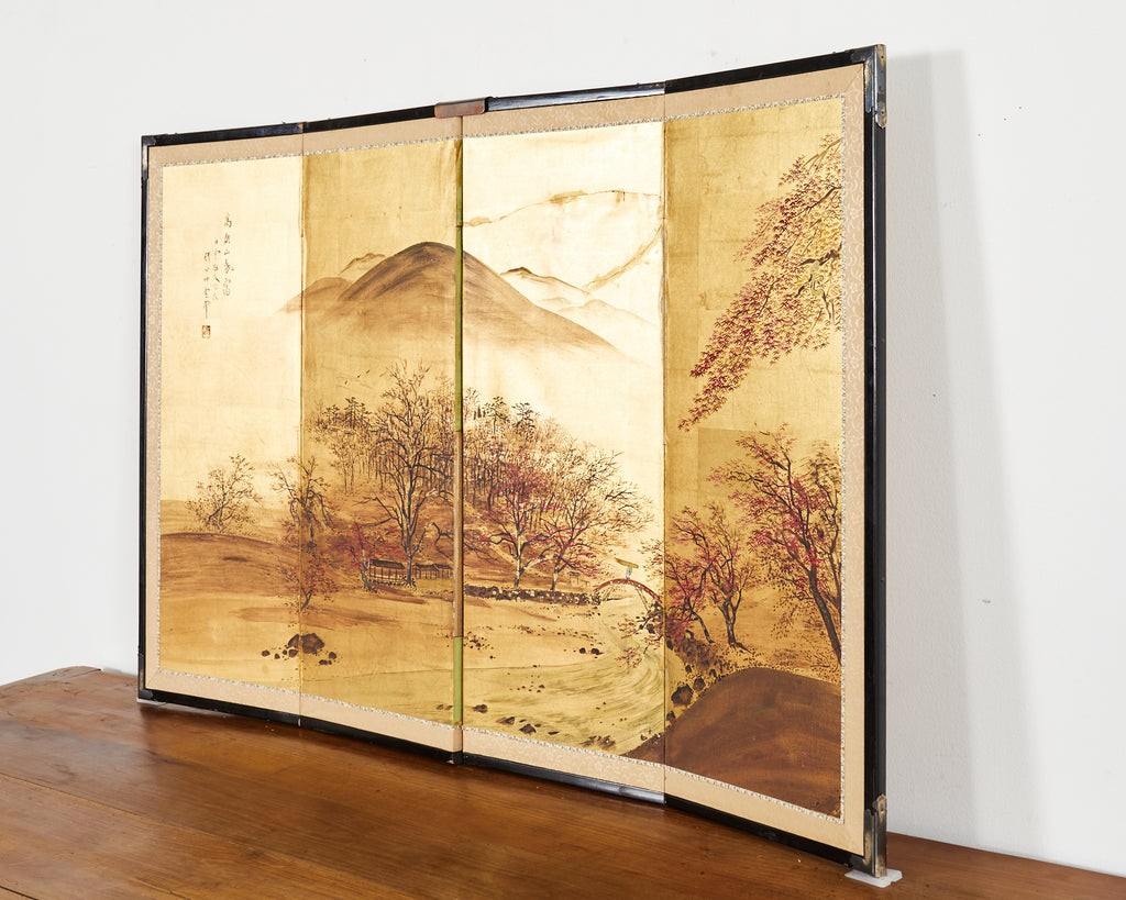 Japanese Showa Four Panel Screen Autumn Landscape on Gilt