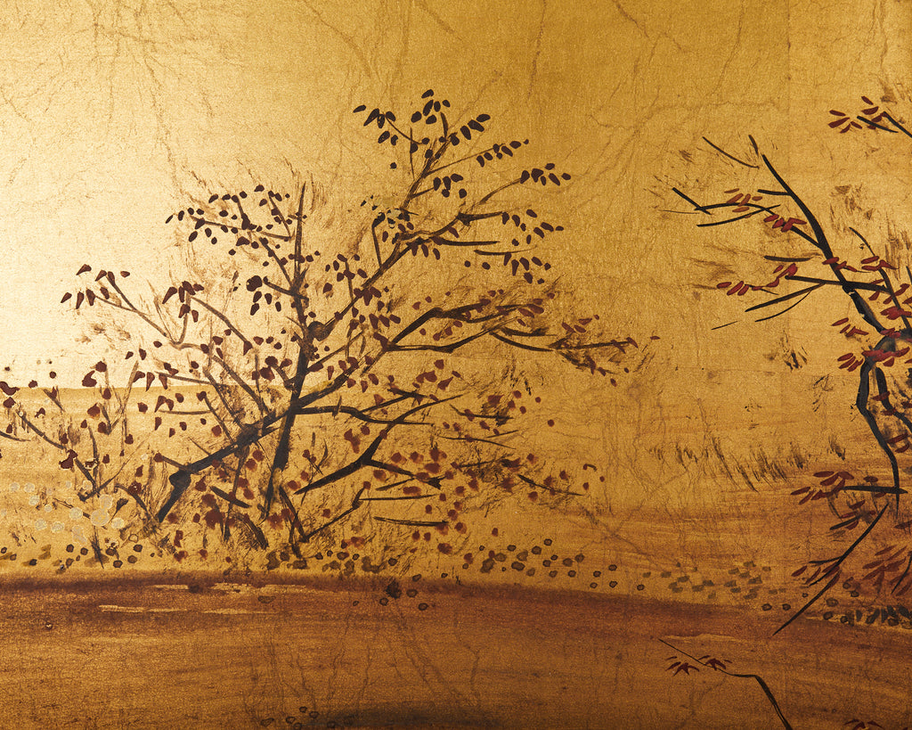 Japanese Showa Four Panel Screen Autumn Landscape on Gilt
