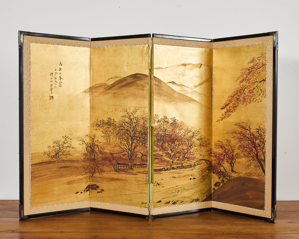 Japanese Showa Four Panel Screen Autumn Landscape on Gilt