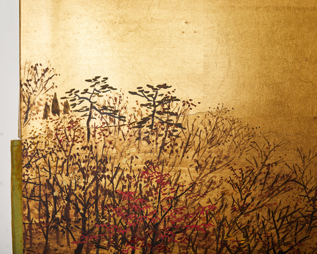 Japanese Showa Four Panel Screen Autumn Landscape on Gilt